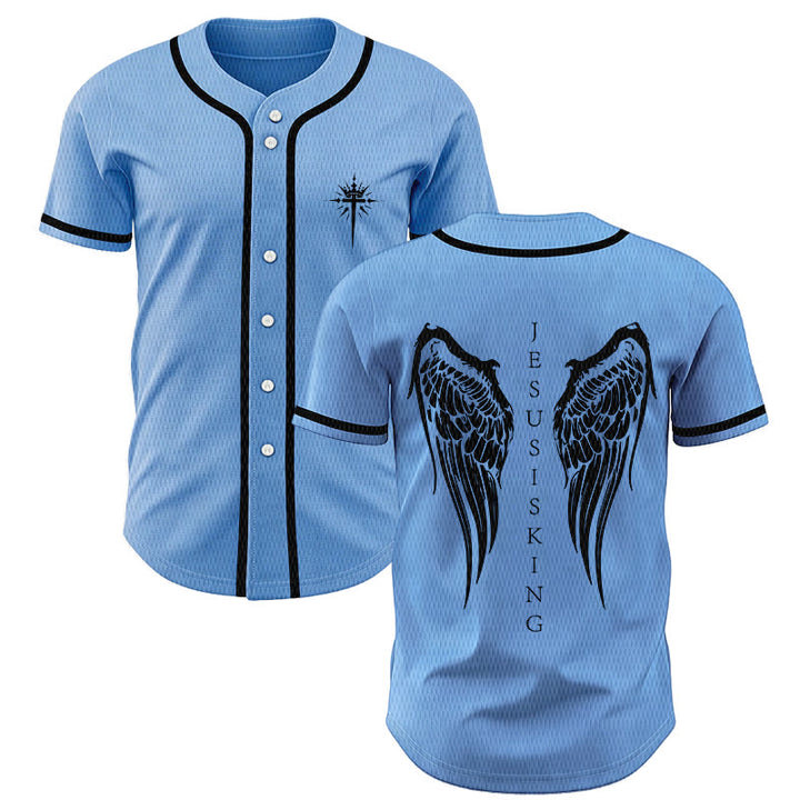 Christianartworkshop Jesus Is King Angel Wings Cross Faith Statement Custom Baseball Jersey - Blue - 5XL - image 42