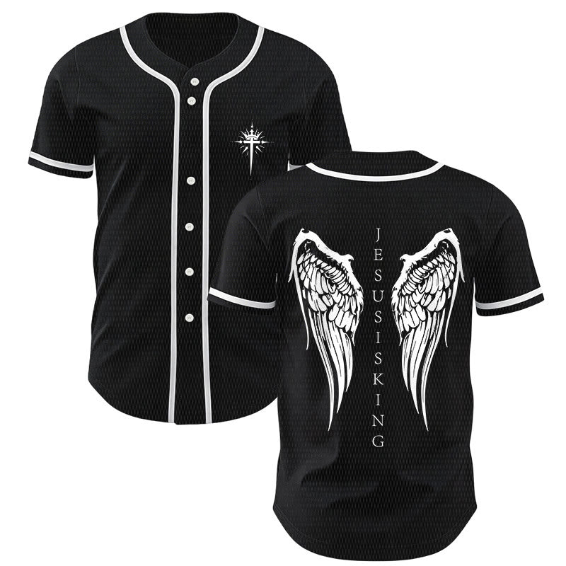 Christianartworkshop Jesus Is King Angel Wings Cross Faith Statement Custom Baseball Jersey - Black - 5XL - image 0