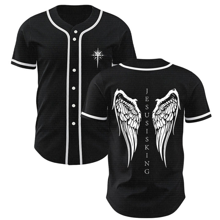 Christianartworkshop Jesus Is King Angel Wings Cross Faith Statement Custom Baseball Jersey - Black - 5XL - image 0
