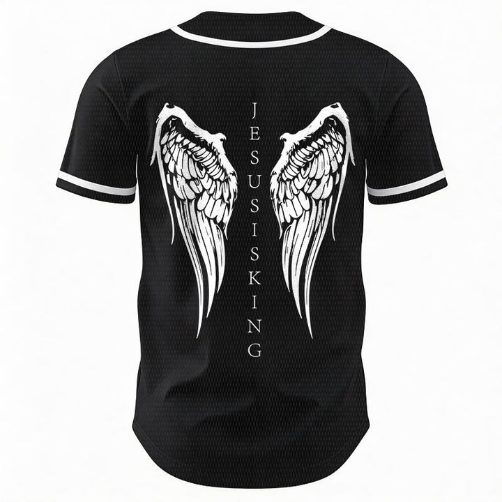 Christianartworkshop Jesus Is King Angel Wings Cross Faith Statement Custom Baseball Jersey - image 4