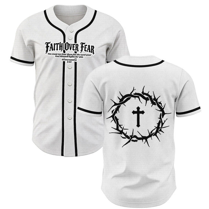 Christianartworkshop Faith Over Fear Deuteronomy 3:22 Crown of Thorns Cross Statement Baseball Jersey - White - 5XL - image 0