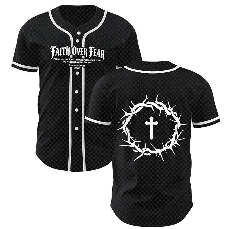 Christianartworkshop Faith Over Fear Deuteronomy 3:22 Crown of Thorns Cross Statement Baseball Jersey - Black - 5XL - image 7