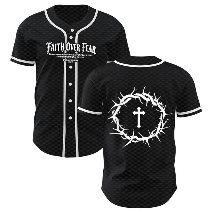 Christianartworkshop Faith Over Fear Deuteronomy 3:22 Crown of Thorns Cross Statement Baseball Jersey - Black - 5XL - image 7