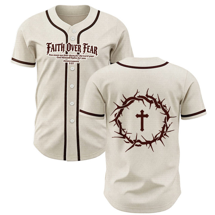 Christianartworkshop Faith Over Fear Deuteronomy 3:22 Crown of Thorns Cross Statement Baseball Jersey - Apricot - 5XL - image 14