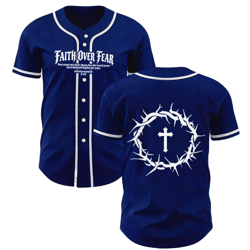 Christianartworkshop Faith Over Fear Deuteronomy 3:22 Crown of Thorns Cross Statement Baseball Jersey - Navy Blue - 5XL - image 21
