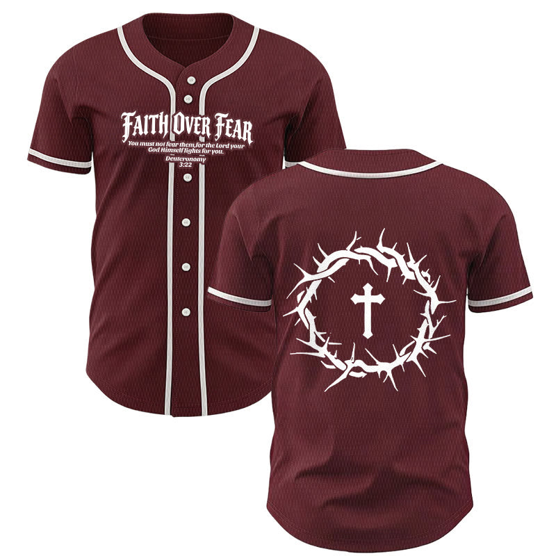 Christianartworkshop Faith Over Fear Deuteronomy 3:22 Crown of Thorns Cross Statement Baseball Jersey - Wine - 5XL - image 35