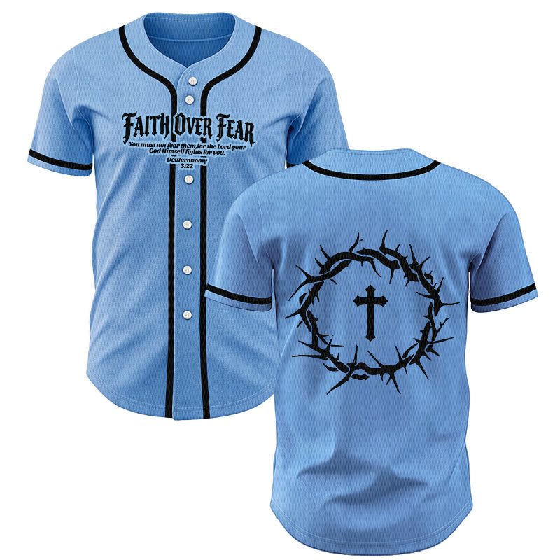 Christianartworkshop Faith Over Fear Deuteronomy 3:22 Crown of Thorns Cross Statement Baseball Jersey - Blue - 5XL - image 42