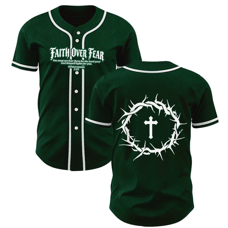 Christianartworkshop Faith Over Fear Deuteronomy 3:22 Crown of Thorns Cross Statement Baseball Jersey - Green - 5XL - image 49