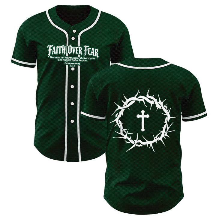Christianartworkshop Faith Over Fear Deuteronomy 3:22 Crown of Thorns Cross Statement Baseball Jersey - Green - 5XL - image 49