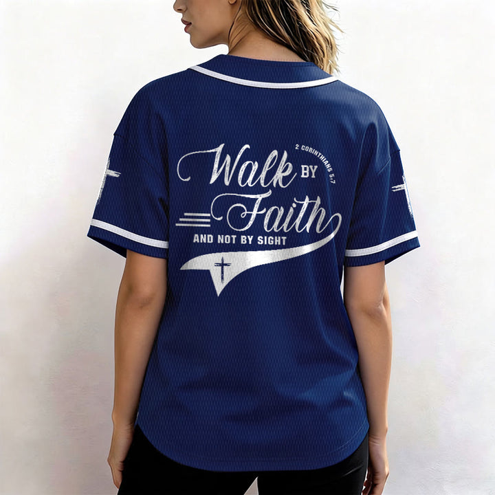 Christianartworkshop 2 Corinthians 5:7 “Walk By Faith And Not By Sight” Cross Statement Baseball Jersey - image 5