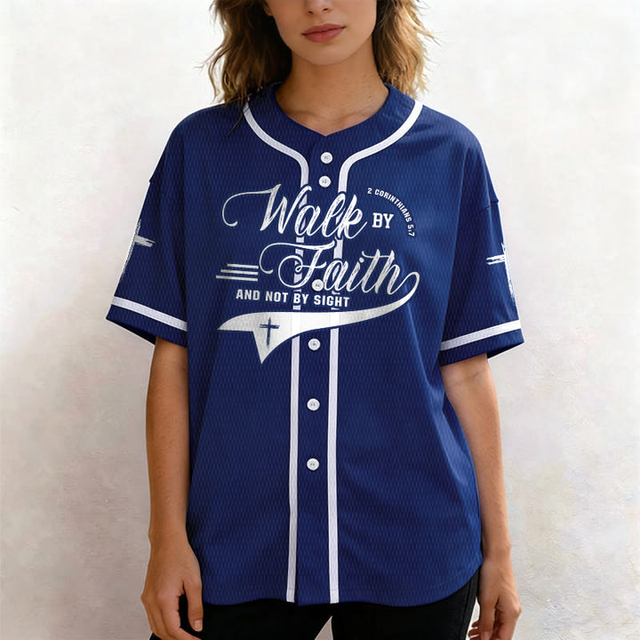 Christianartworkshop 2 Corinthians 5:7 “Walk By Faith And Not By Sight” Cross Statement Baseball Jersey - image 2