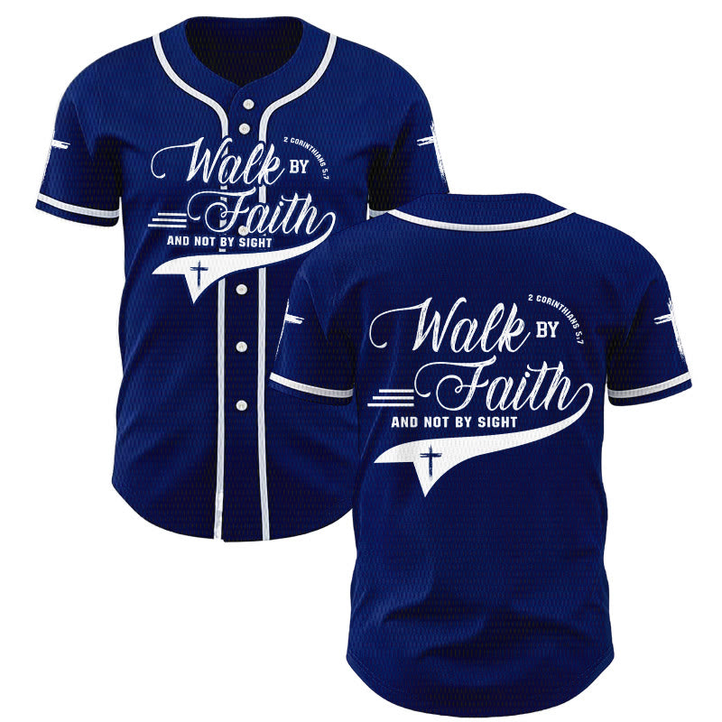 Christianartworkshop 2 Corinthians 5:7 “Walk By Faith And Not By Sight” Cross Statement Baseball Jersey - Navy Blue - 5XL - image 0