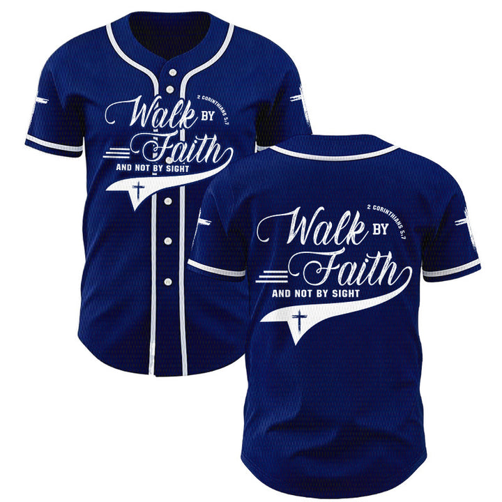 Christianartworkshop 2 Corinthians 5:7 “Walk By Faith And Not By Sight” Cross Statement Baseball Jersey - Navy Blue - 5XL - image 0