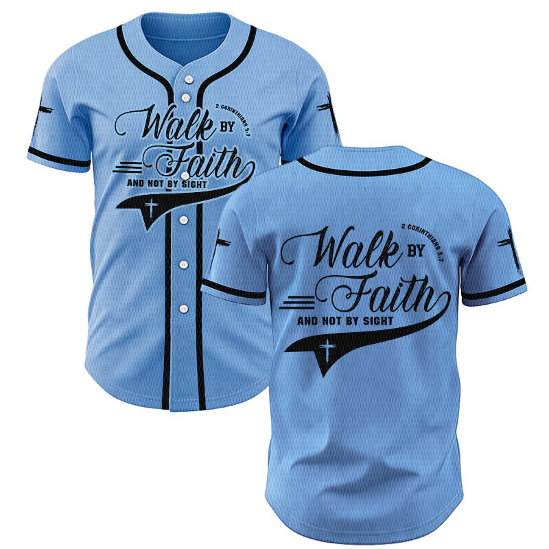 Christianartworkshop 2 Corinthians 5:7 “Walk By Faith And Not By Sight” Cross Statement Baseball Jersey - Blue - 5XL - image 42