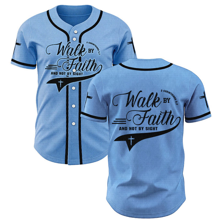 Christianartworkshop 2 Corinthians 5:7 “Walk By Faith And Not By Sight” Cross Statement Baseball Jersey - Blue - 5XL - image 42