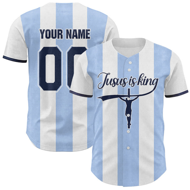 Christianartworkshop Custom Name Number "Jesus Is King" Cross Print Striped Baseball Jersey - 5XL - Name & Number Customized - image 0