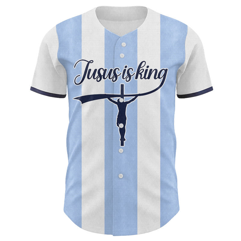 Christianartworkshop Custom Name Number "Jesus Is King" Cross Print Striped Baseball Jersey - image 1