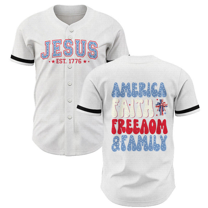 Christianartworkshop Jesus EST.1776 America Faith Freedom & Family USA Flag Print Button-Up Baseball Jersey - White - 5XL - image 7