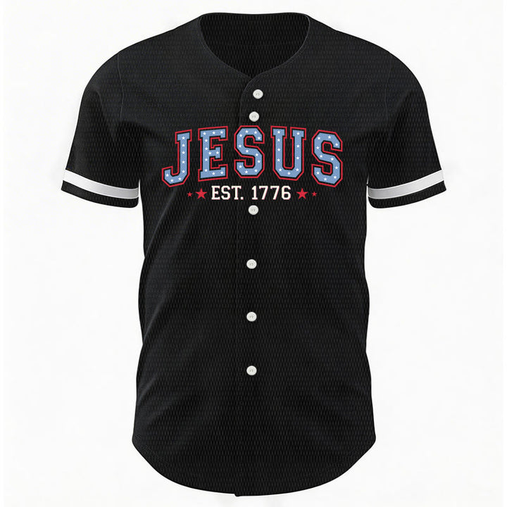 Christianartworkshop Jesus EST.1776 America Faith Freedom & Family USA Flag Print Button-Up Baseball Jersey - image 3