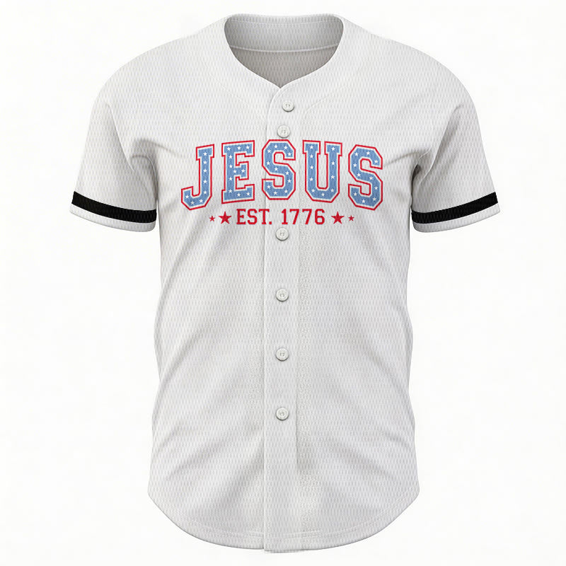 Christianartworkshop Jesus EST.1776 America Faith Freedom & Family USA Flag Print Button-Up Baseball Jersey - image 10