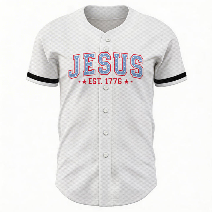 Christianartworkshop Jesus EST.1776 America Faith Freedom & Family USA Flag Print Button-Up Baseball Jersey - image 10