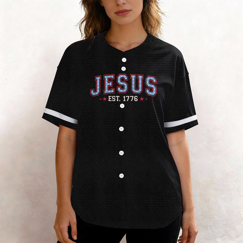 Christianartworkshop Jesus EST.1776 America Faith Freedom & Family USA Flag Print Button-Up Baseball Jersey - image 2
