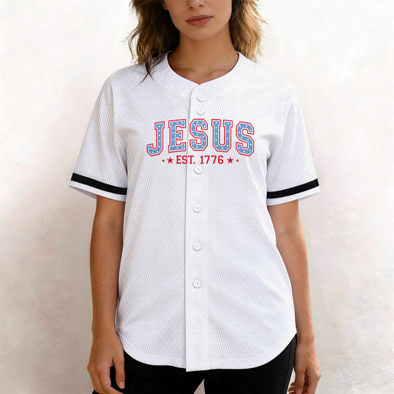 Christianartworkshop Jesus EST.1776 America Faith Freedom & Family USA Flag Print Button-Up Baseball Jersey - image 9