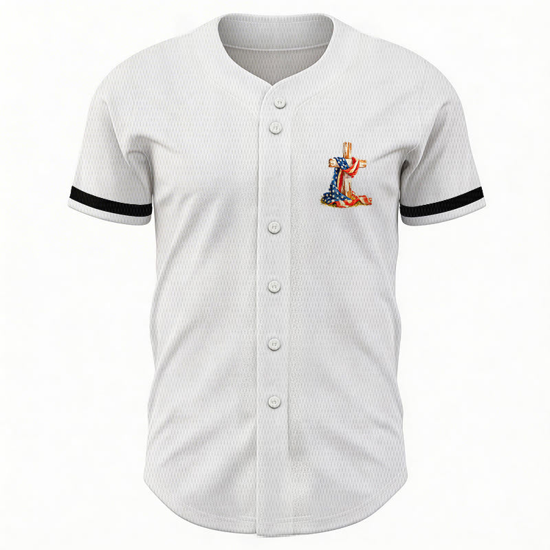 Christianartworkshop "America Needs Jesus" USA Flag Wrapped Cross Front Pocket Logo Button-Up Baseball Jersey - image 12