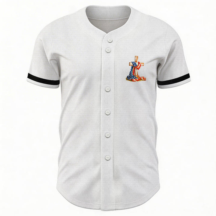 Christianartworkshop "America Needs Jesus" USA Flag Wrapped Cross Front Pocket Logo Button-Up Baseball Jersey - image 12