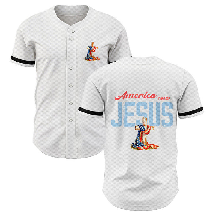 Christianartworkshop "America Needs Jesus" USA Flag Wrapped Cross Front Pocket Logo Button-Up Baseball Jersey - White - 5XL - image 9