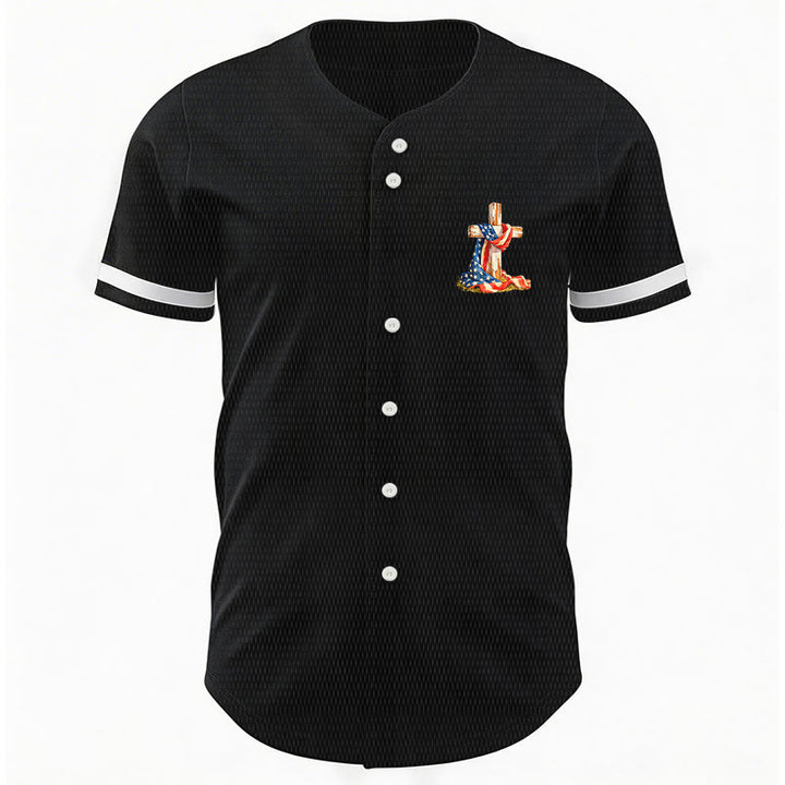 Christianartworkshop "America Needs Jesus" USA Flag Wrapped Cross Front Pocket Logo Button-Up Baseball Jersey - image 5