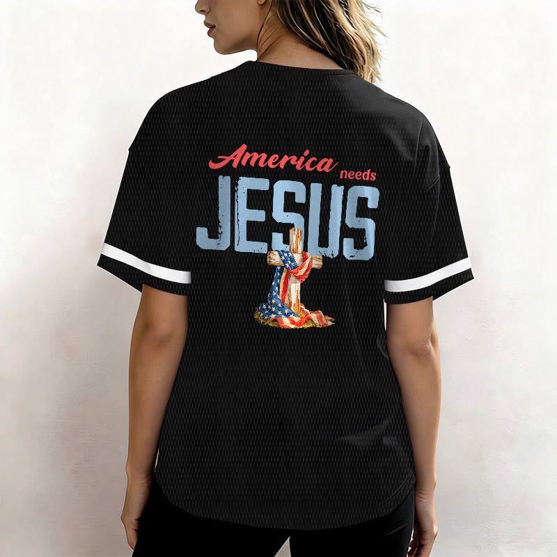 Christianartworkshop "America Needs Jesus" USA Flag Wrapped Cross Front Pocket Logo Button-Up Baseball Jersey - image 7