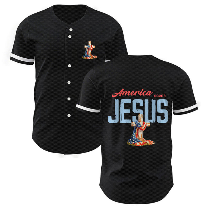 Christianartworkshop "America Needs Jesus" USA Flag Wrapped Cross Front Pocket Logo Button-Up Baseball Jersey - Black - 5XL - image 2