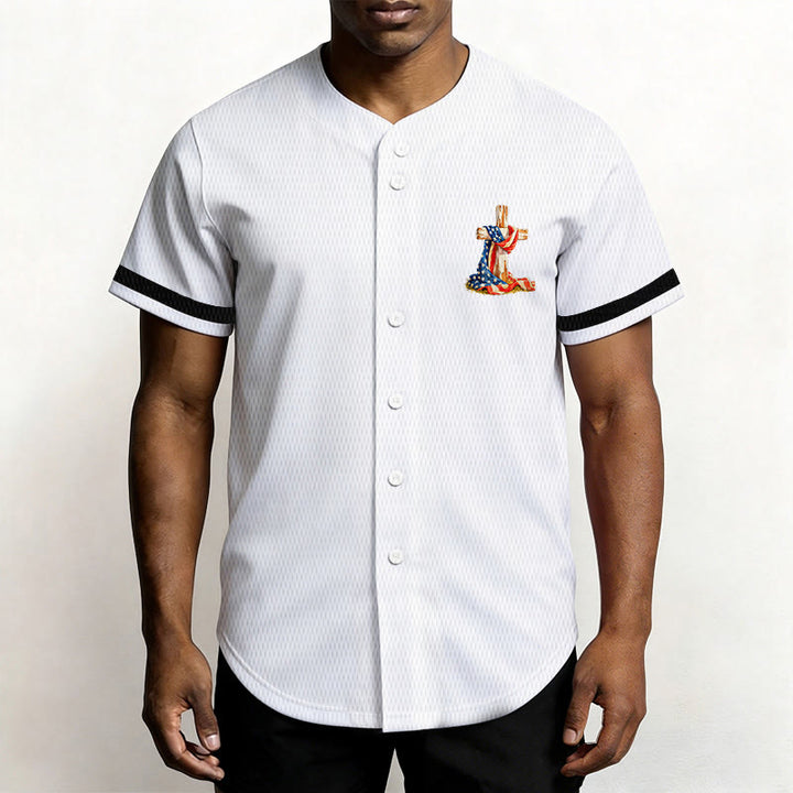 Christianartworkshop "America Needs Jesus" USA Flag Wrapped Cross Front Pocket Logo Button-Up Baseball Jersey - image 8