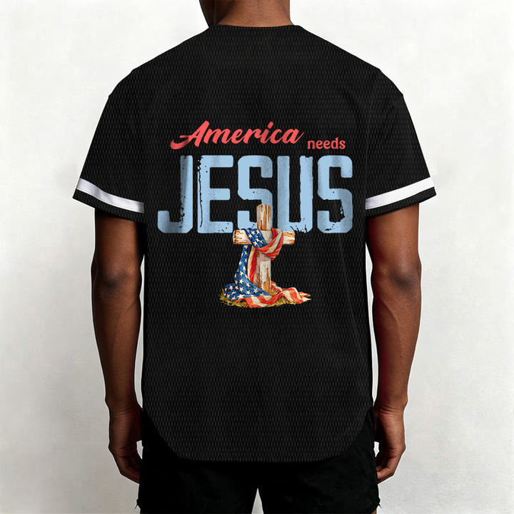 Christianartworkshop "America Needs Jesus" USA Flag Wrapped Cross Front Pocket Logo Button-Up Baseball Jersey - image 6