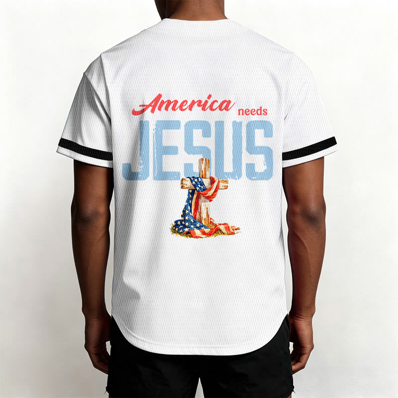 Christianartworkshop "America Needs Jesus" USA Flag Wrapped Cross Front Pocket Logo Button-Up Baseball Jersey - image 13