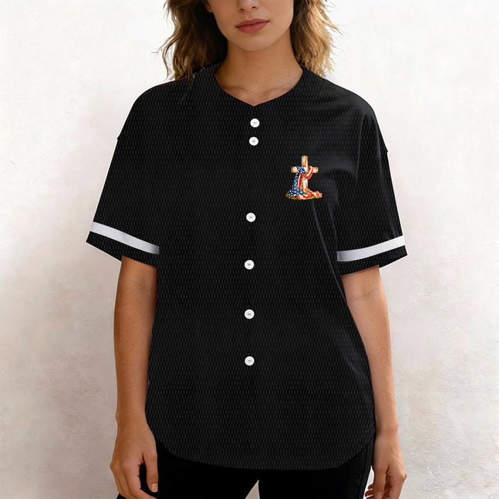 Christianartworkshop "America Needs Jesus" USA Flag Wrapped Cross Front Pocket Logo Button-Up Baseball Jersey - image 4