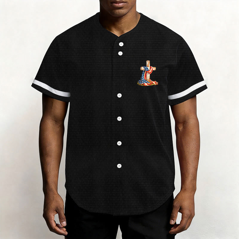 Christianartworkshop "America Needs Jesus" USA Flag Wrapped Cross Front Pocket Logo Button-Up Baseball Jersey - image 1