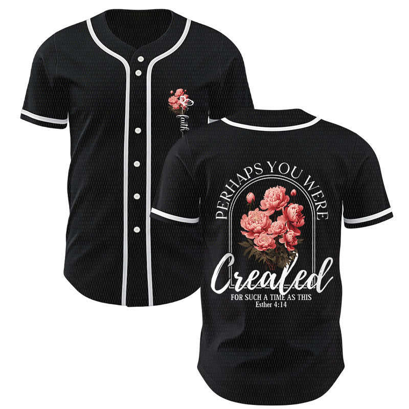 Christianartworkshop "Perhaps You Were Created For Such A Time As This" Esther 4:14 Peony Faith Print Button-Up Baseball Jersey - Black - 5XL - image 7
