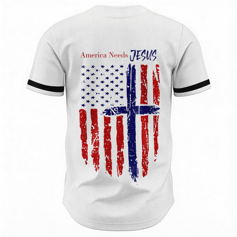 Christianartworkshop Patriotic Jesus Star Stripes Font Front Back Dual Print Black Cuff Baseball Jersey - image 6