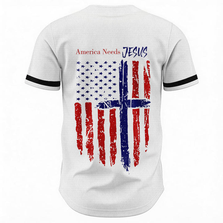 Christianartworkshop Patriotic Jesus Star Stripes Font Front Back Dual Print Black Cuff Baseball Jersey - image 6