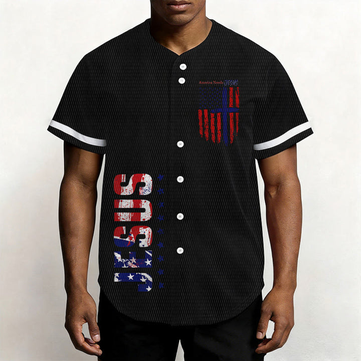 Christianartworkshop Patriotic Jesus Star Stripes Font Front Back Dual Print Black Cuff Baseball Jersey - image 8
