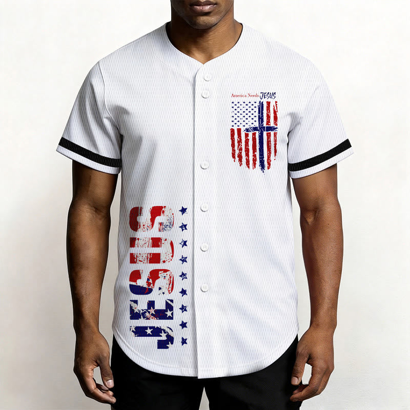 Christianartworkshop Patriotic Jesus Star Stripes Font Front Back Dual Print Black Cuff Baseball Jersey - image 1