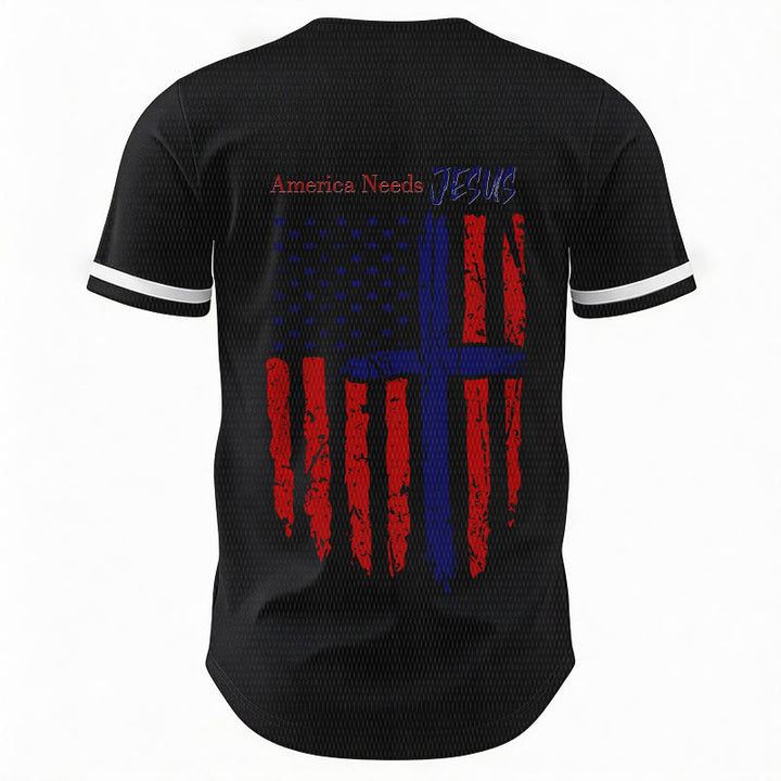Christianartworkshop Patriotic Jesus Star Stripes Font Front Back Dual Print Black Cuff Baseball Jersey - image 13