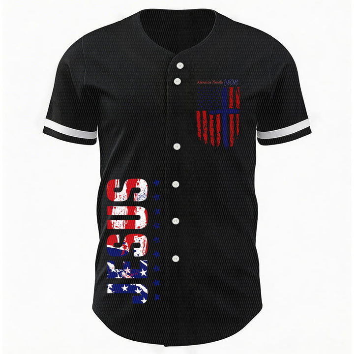Christianartworkshop Patriotic Jesus Star Stripes Font Front Back Dual Print Black Cuff Baseball Jersey - image 10