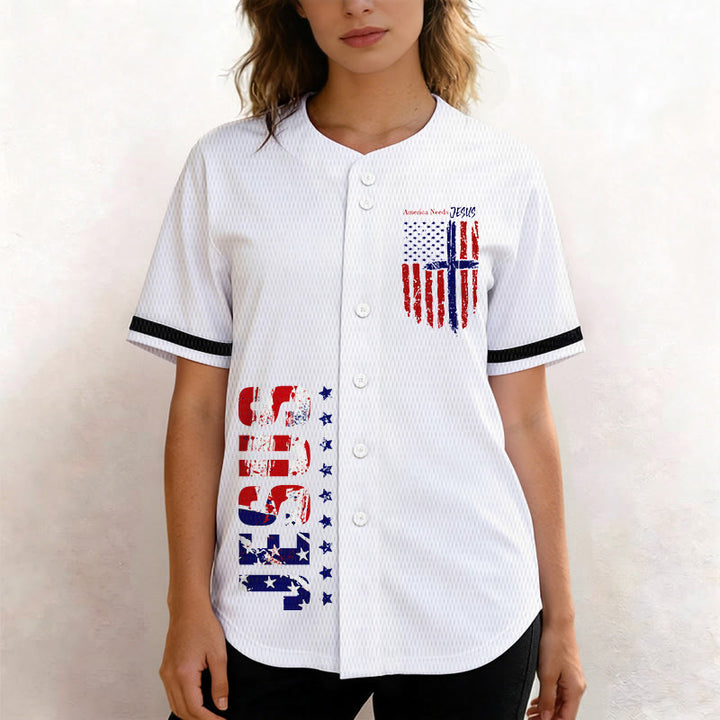 Christianartworkshop Patriotic Jesus Star Stripes Font Front Back Dual Print Black Cuff Baseball Jersey - image 2