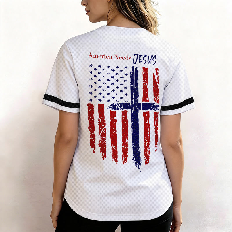 Christianartworkshop Patriotic Jesus Star Stripes Font Front Back Dual Print Black Cuff Baseball Jersey - image 5