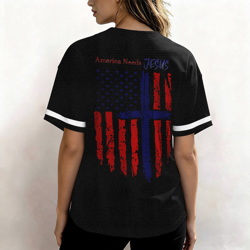 Christianartworkshop Patriotic Jesus Star Stripes Font Front Back Dual Print Black Cuff Baseball Jersey - image 12
