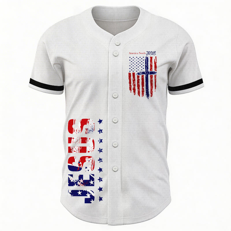 Christianartworkshop Patriotic Jesus Star Stripes Font Front Back Dual Print Black Cuff Baseball Jersey - image 3