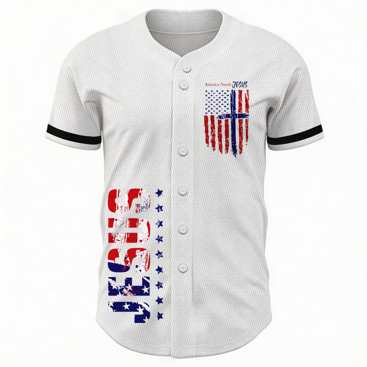Christianartworkshop Patriotic Jesus Star Stripes Font Front Back Dual Print Black Cuff Baseball Jersey - image 3